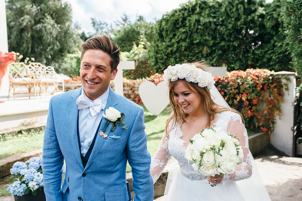 Stylish bride and groom at a bristol garden party wedding