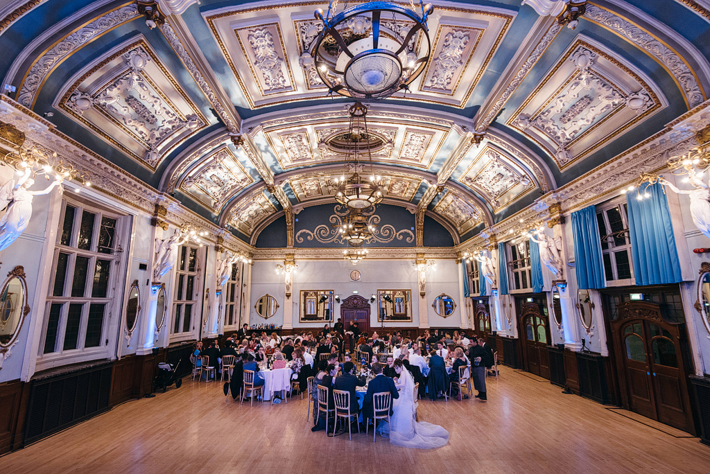 Wedding reception with guests at Finsbury Town Hall