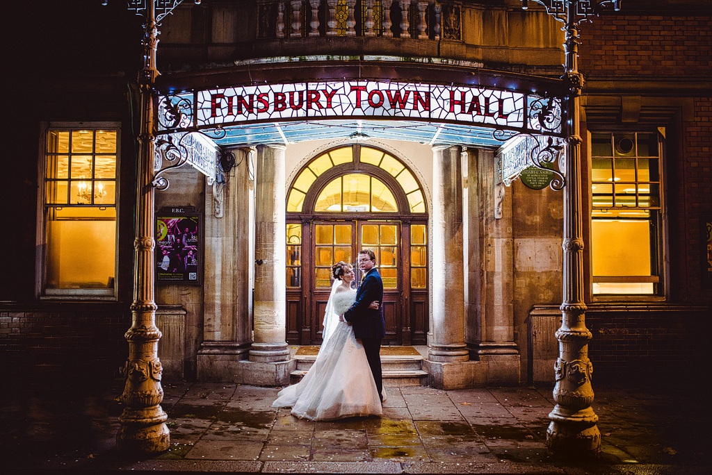 Bride and groom outside Finsbury Town Hall