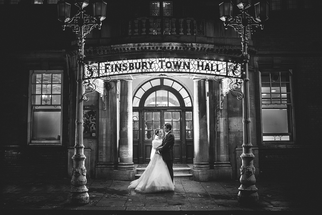 Bride and groom outside Finsbury Town Hall entrance