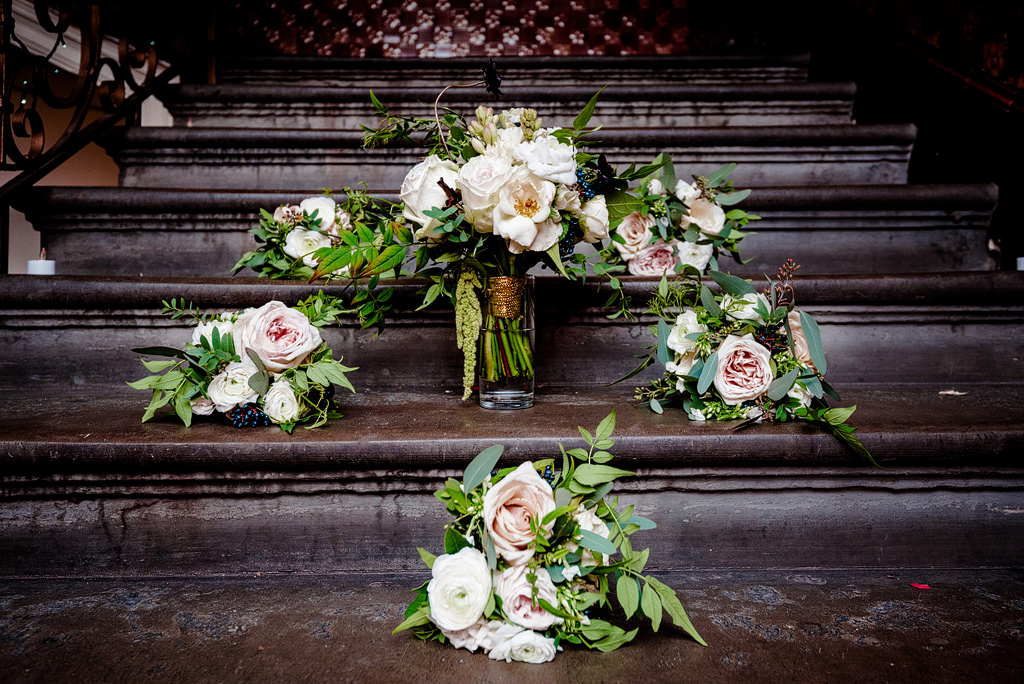 Wedding bouquets on stairs