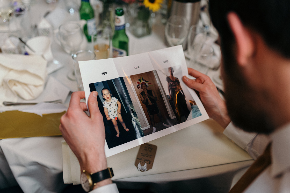 Wedding guest looks at 3 dated funny photos