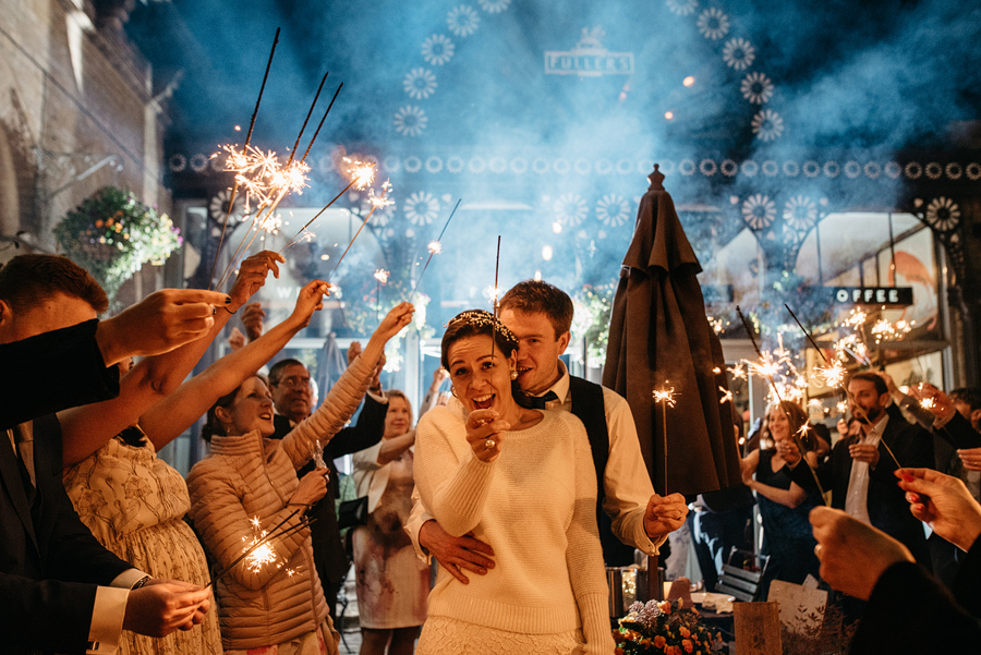 London Wedding Sparkler Exit at Tap on the line
